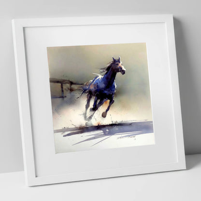 The Breakaway racing horse art print in white frame