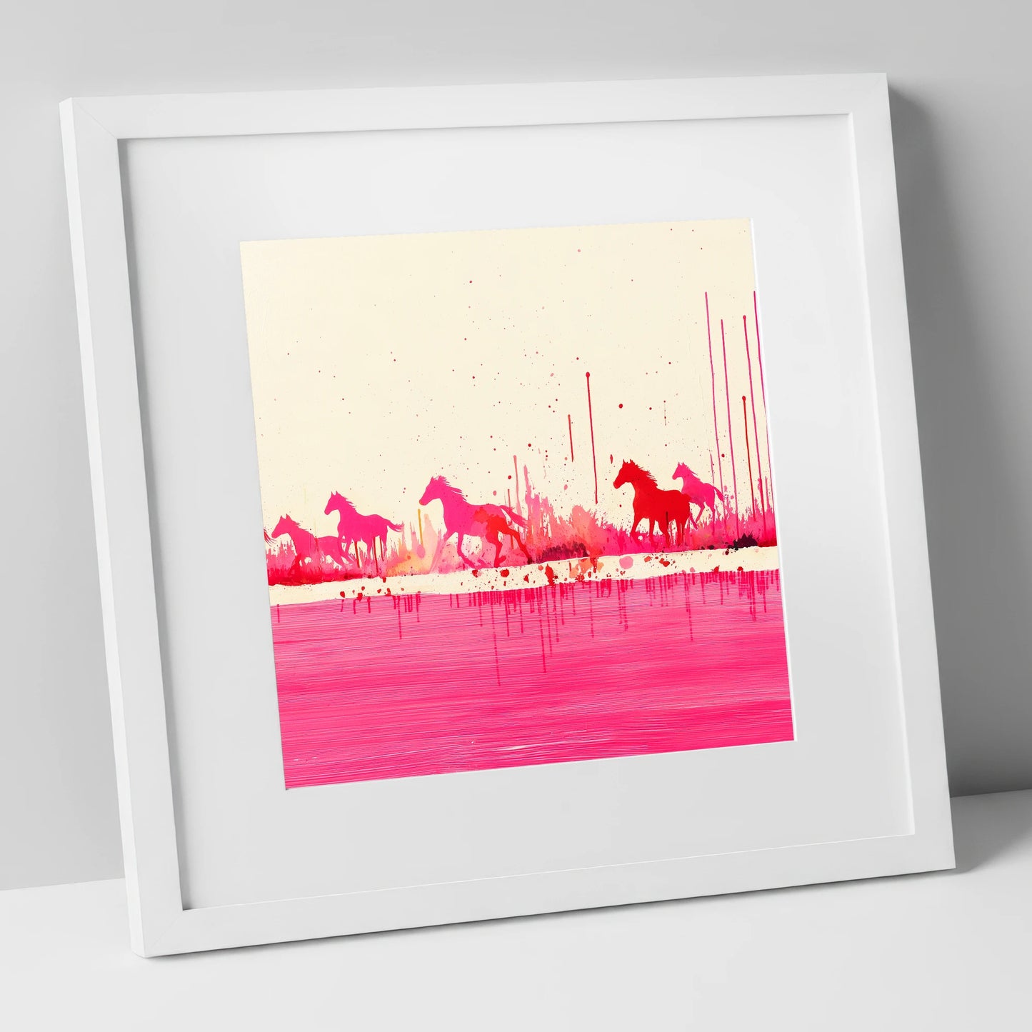 Crimson Gallop wild horses art print in white frame
