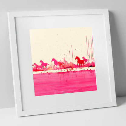 Crimson Gallop wild horses art print in white frame