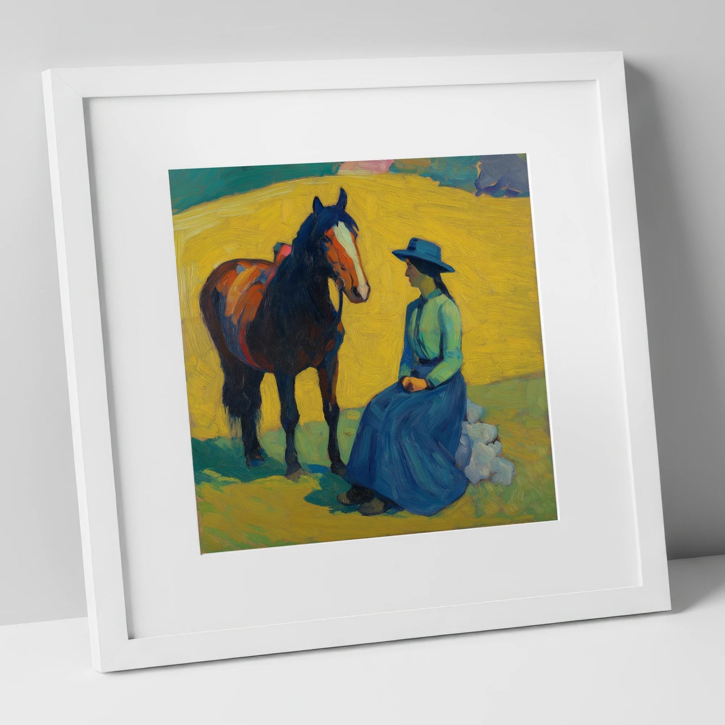 The Radiant Exchange horse & rider art print in white frame