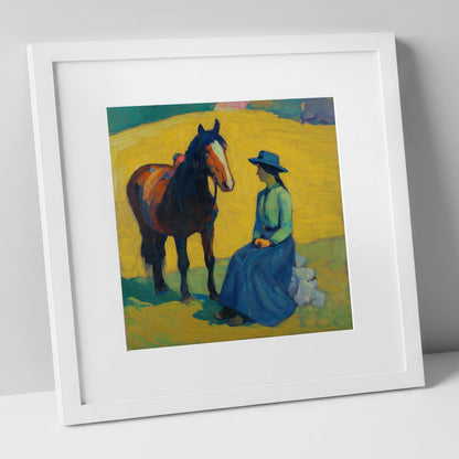 The Radiant Exchange horse & rider art print in white frame