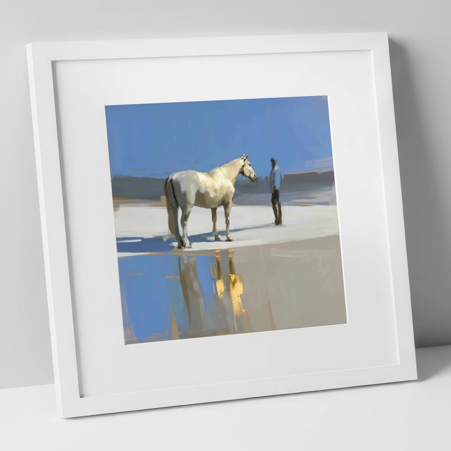 Shared Blue Horizon horse & rider art print in white frame