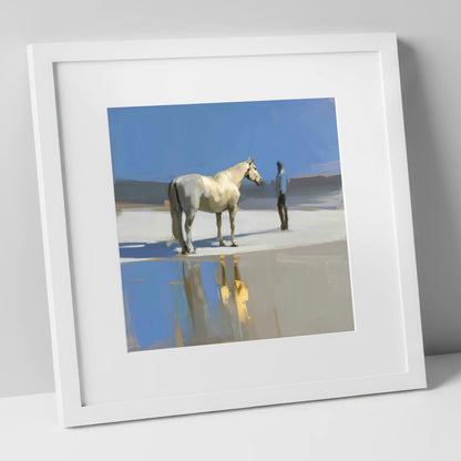 Shared Blue Horizon horse & rider art print in white frame