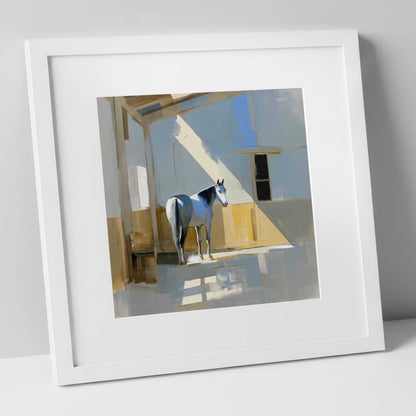 The Sunlit Grey horse stable art print in white frame