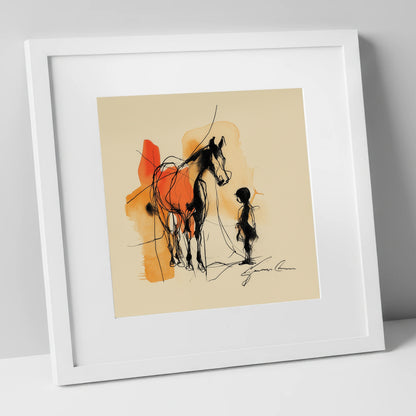 The Unspoken Bond horse & rider art print in white frame