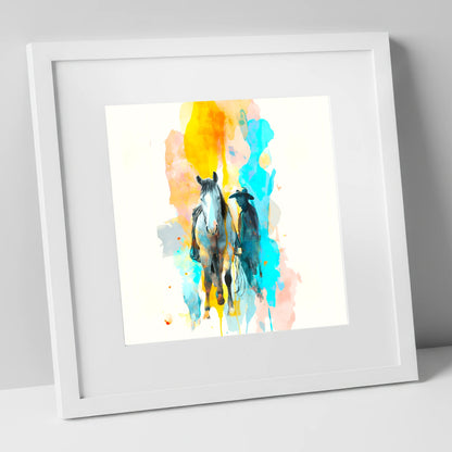 Vibrant Frontier Bond western horse art print in white frame