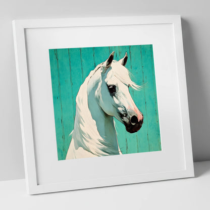 Vibrant Grey on Teal horse breed art print in white frame