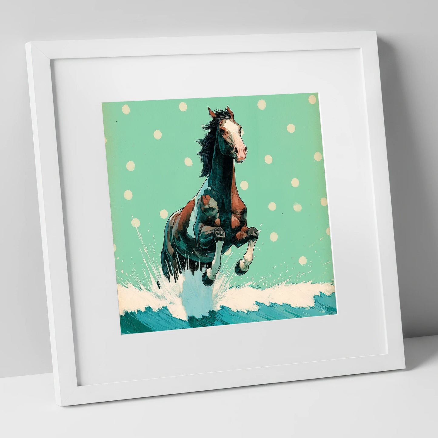 Graphic Ocean Surge beach horse art print in white frame