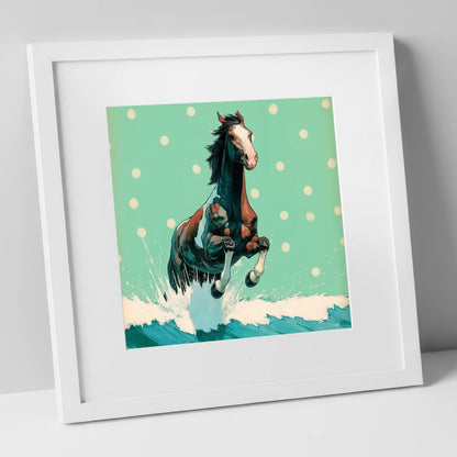 Graphic Ocean Surge beach horse art print in white frame