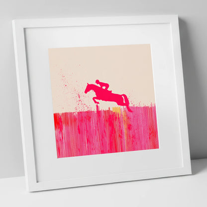 Vibrant Magenta Leap show jumping horse art print in white frame
