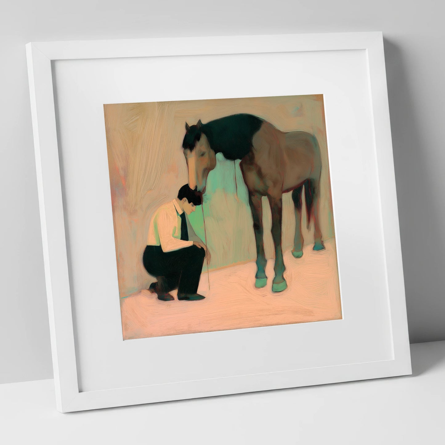 A Silent Understanding horse & rider art print in white frame
