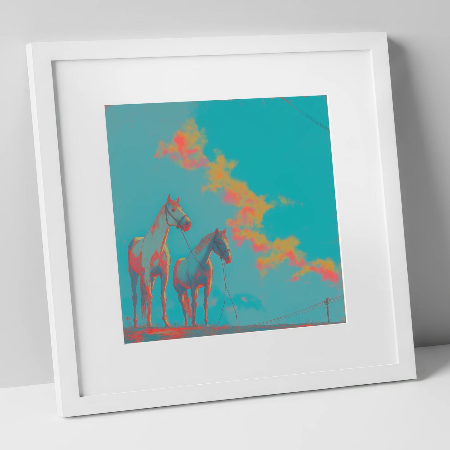 Electric Cyan Skies horse landscape art print in white frame