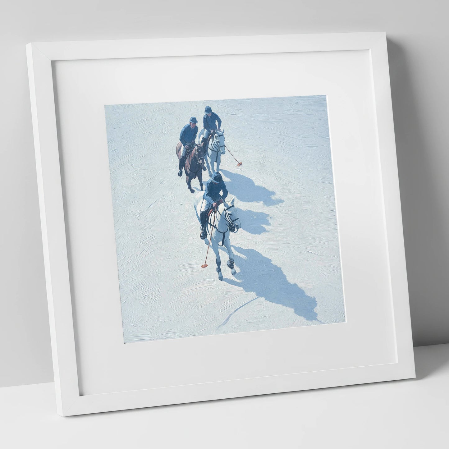 The Long Shadow Chukka polo horse art print in white frame