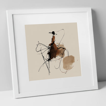 The Sepia Rider horse & rider art print in white frame