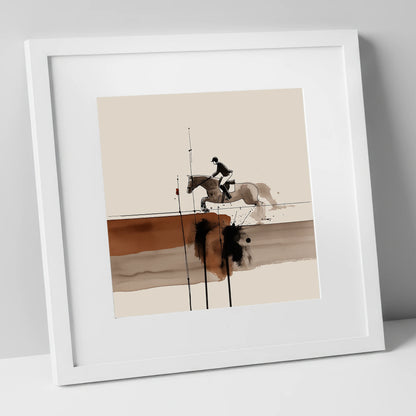 Airborne in Sepia show jumping horse art print in white frame