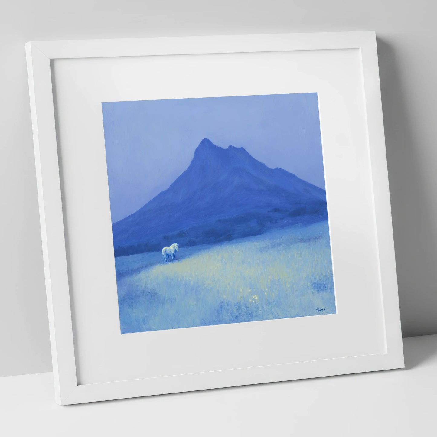 Azure Mountain Solitude horse landscape art print in white frame