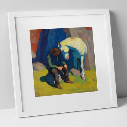 Vivid Companionship horse & rider art print in white frame