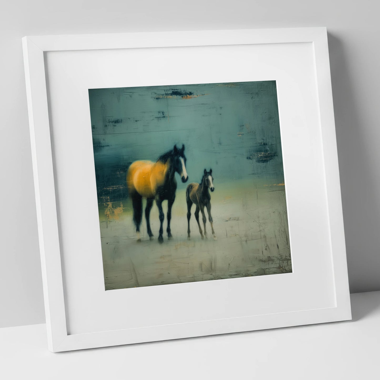 Ochre Light and Shadow mare & foal art print in white frame
