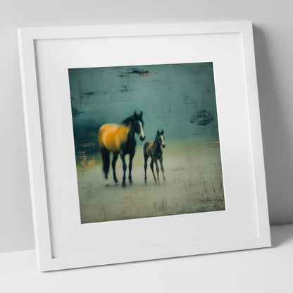 Ochre Light and Shadow mare & foal art print in white frame