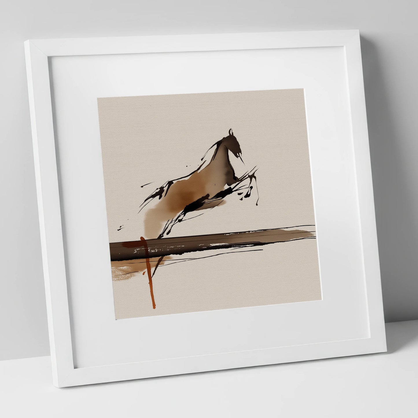 Airborne Elegance show jumping horse art print in white frame