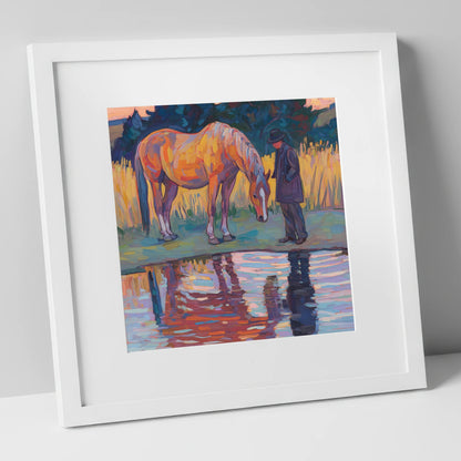 Quiet Reflections horse & rider art print in white frame