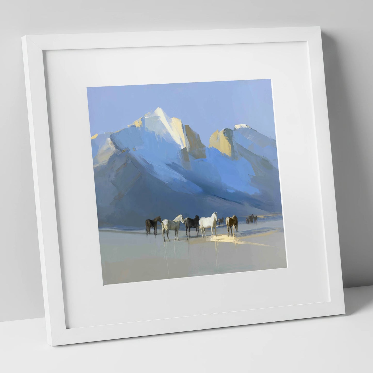 Glacial Heights horse landscape art print in white frame