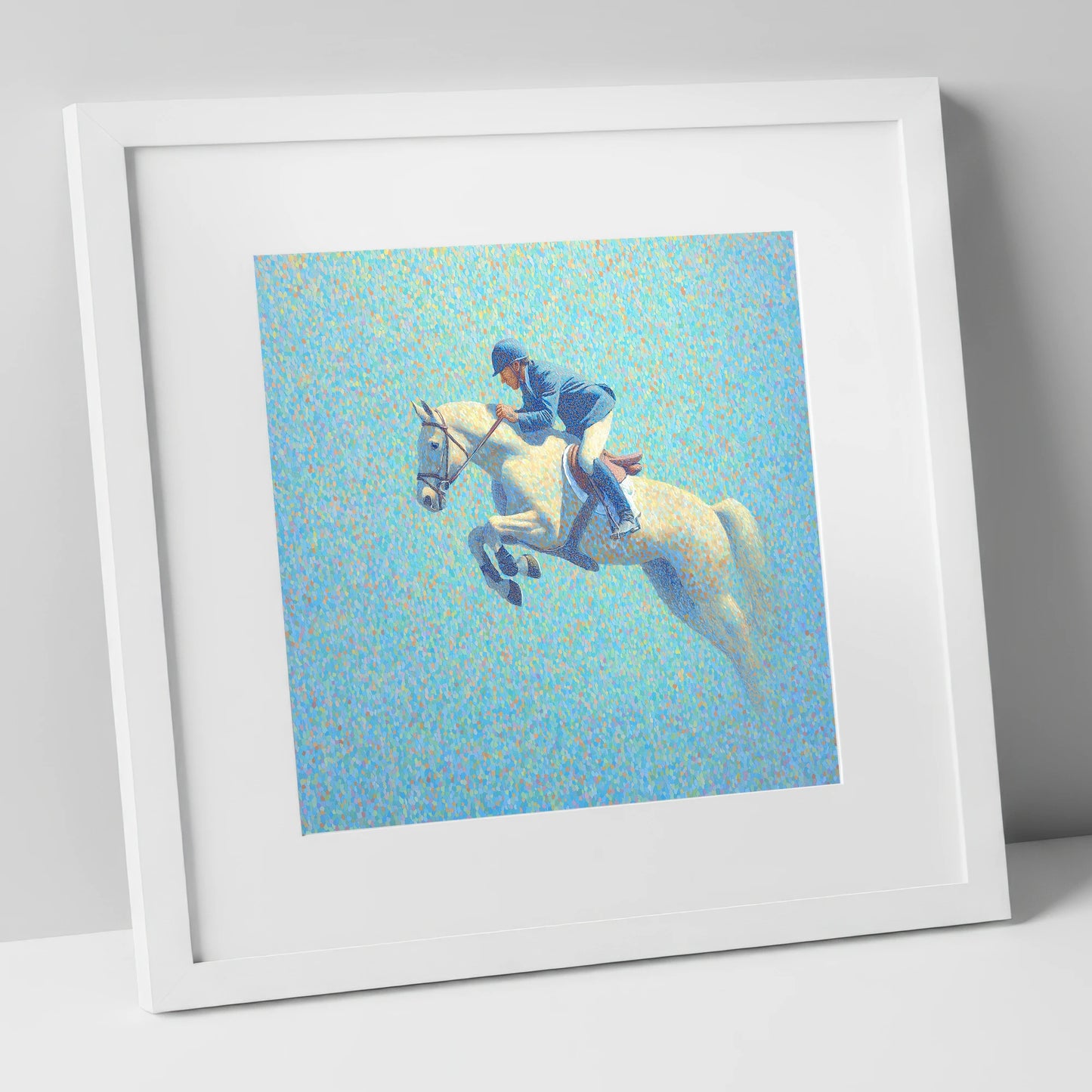 Luminous Flight show jumping horse art print in white frame