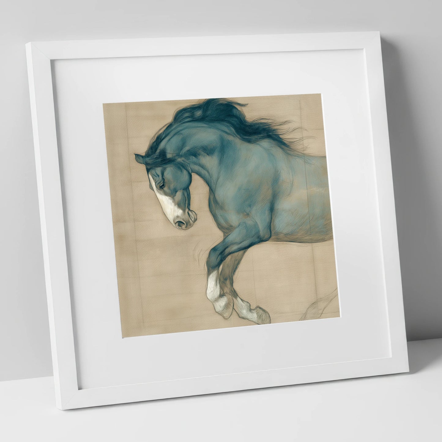 Study in Teal horse portrait art print in white frame