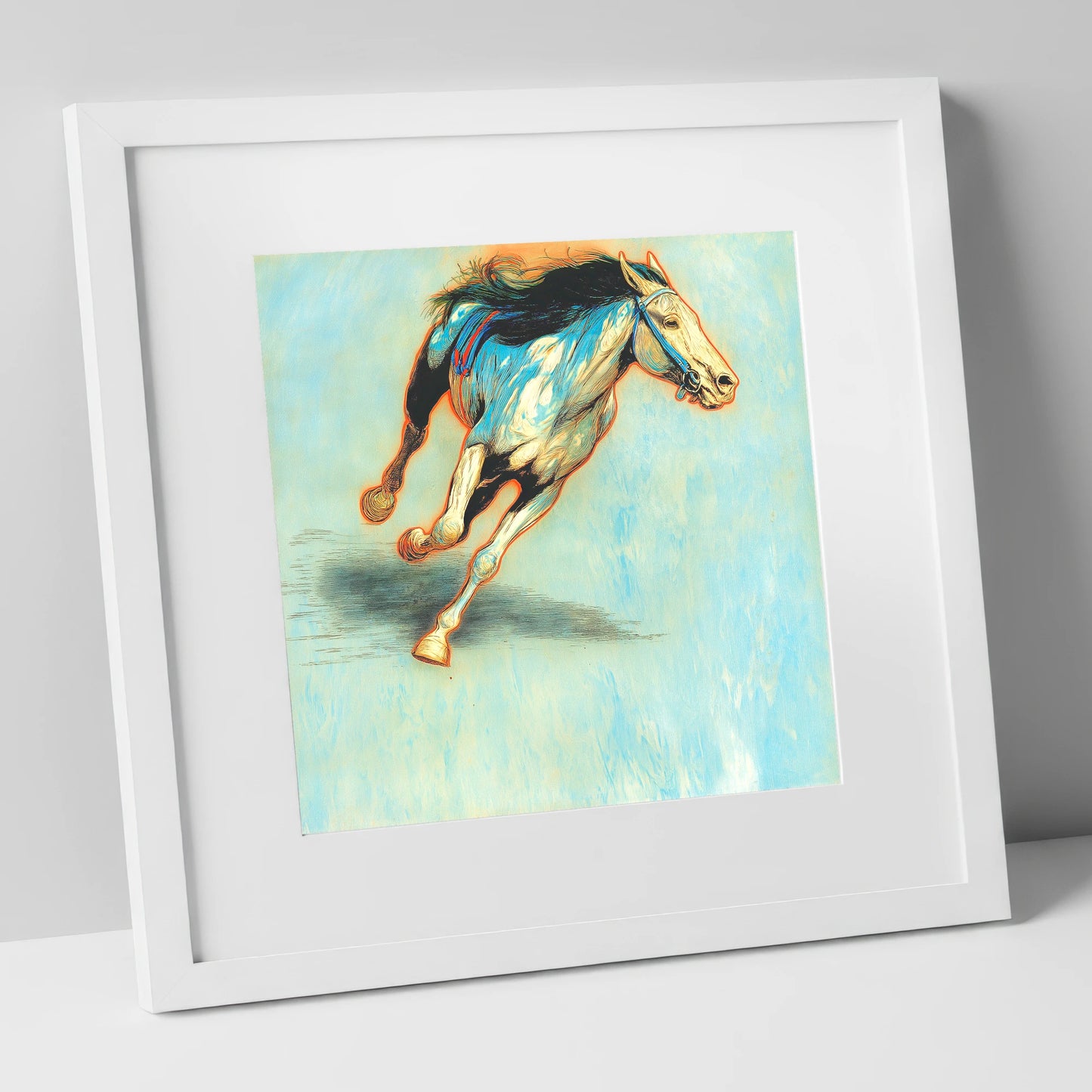 Cerulean Sprint racing horse art print in white frame
