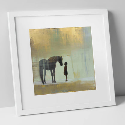 A Quiet Understanding horse & rider art print in white frame