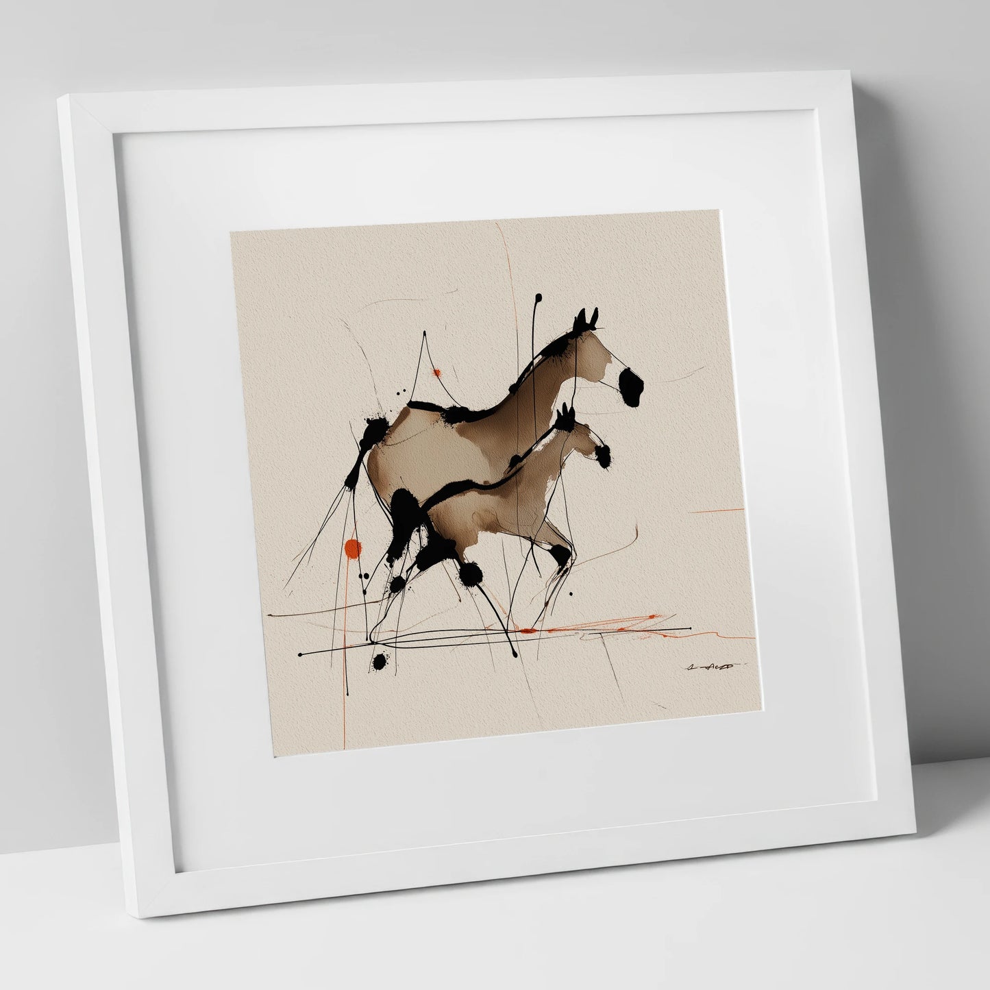 Sepia Shadows mare & foal art print in white frame