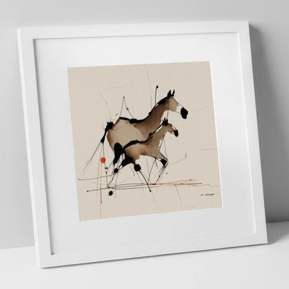 Sepia Shadows mare & foal art print in white frame