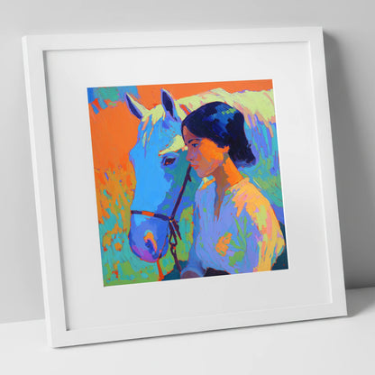 Vibrant Connection horse & rider art print in white frame