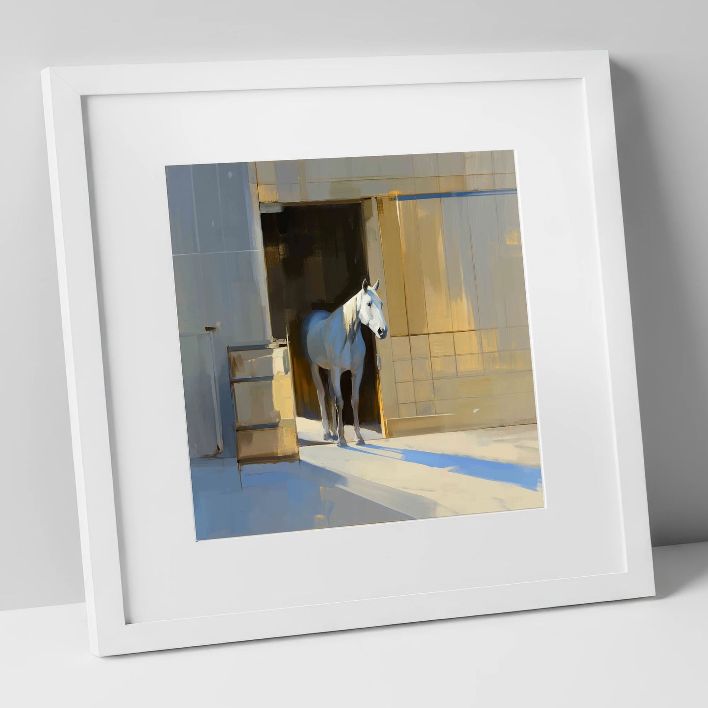 Sunlit Stable Doorway horse stable art print in white frame