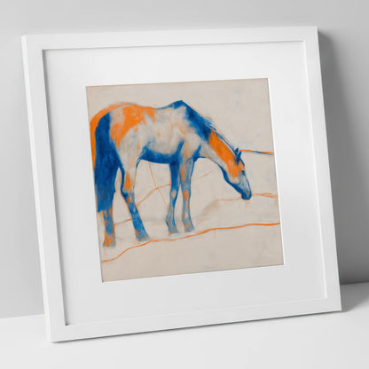 Vibrant Ultramarine Grazer horse portrait art print in white frame