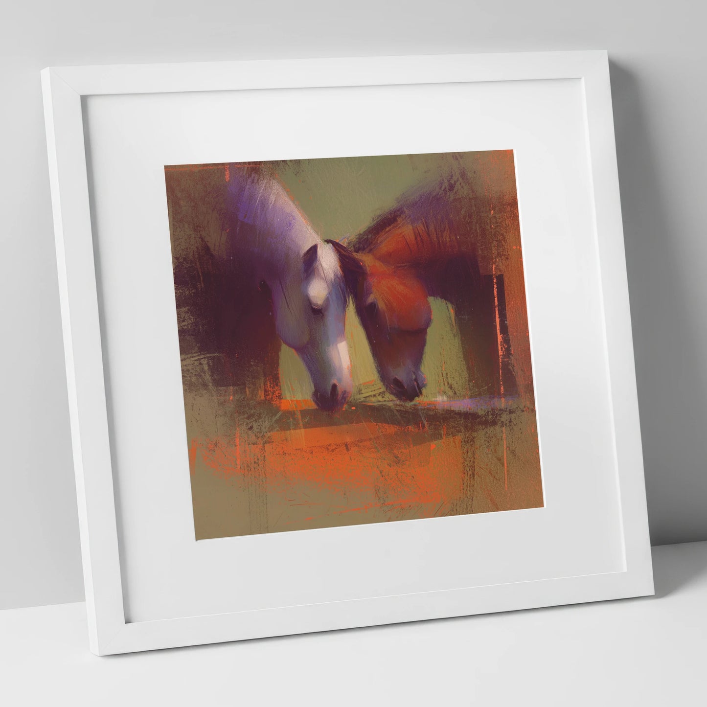 Sunlit Grazing Companions horse portrait art print in white frame