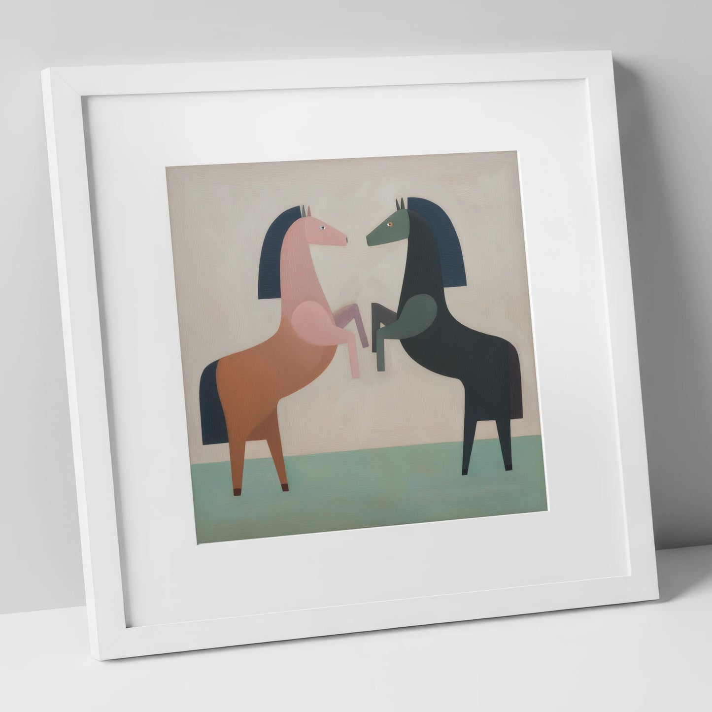 Symmetrical Equine Balance wild horses art print in white frame