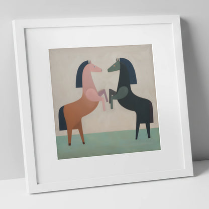 Symmetrical Equine Balance wild horses art print in white frame