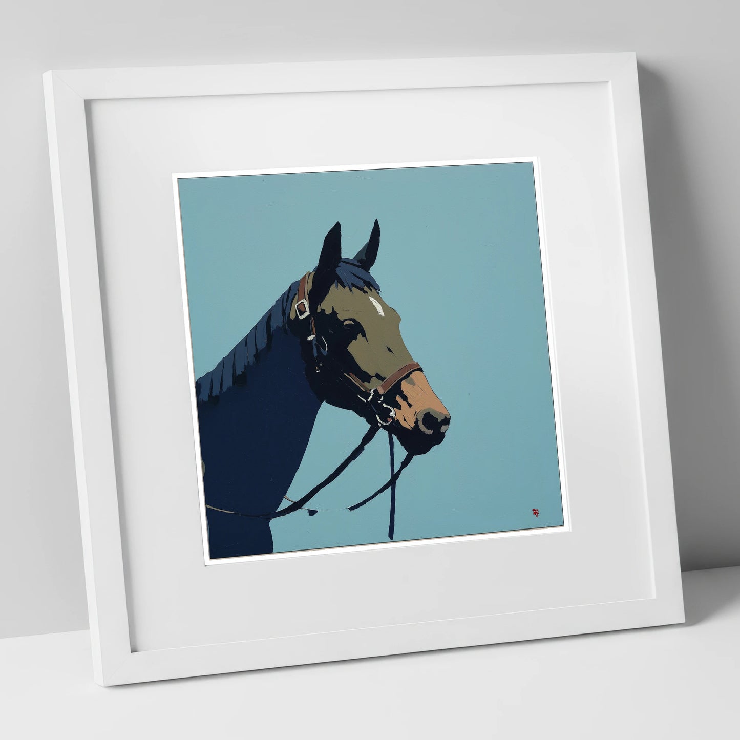 Cerulean Equine Profile horse portrait art print in white frame