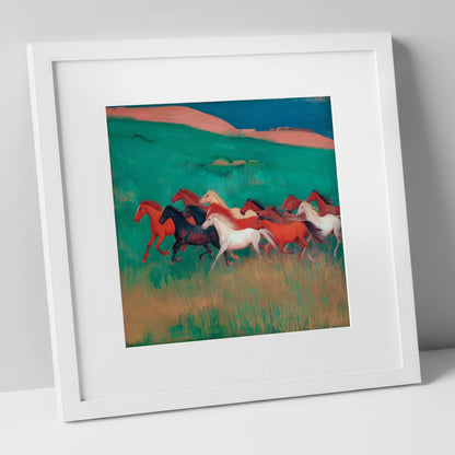 Crimson and Emerald Herd wild horses art print in white frame
