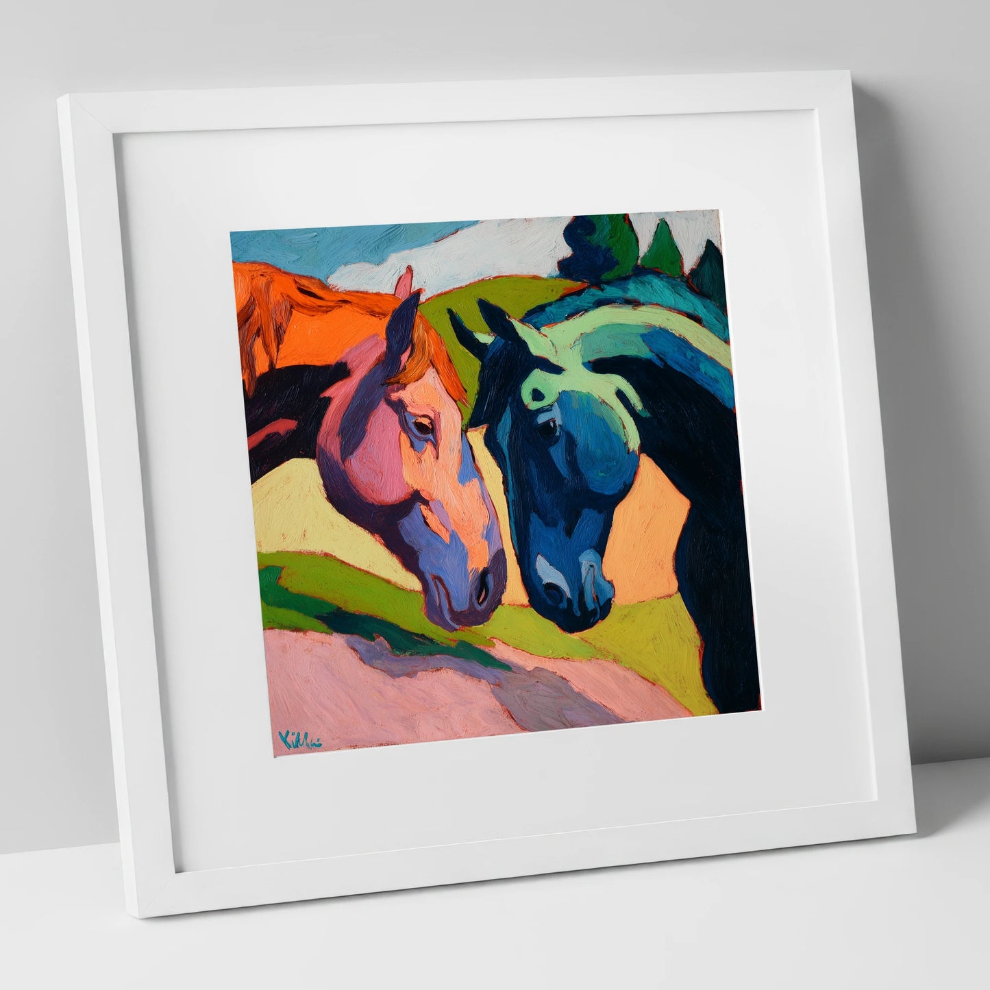 Vibrant Equine Connection horse portrait art print in white frame
