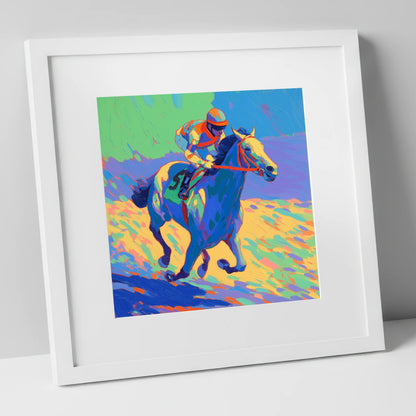 Technicolour Gallop racing horse art print in white frame