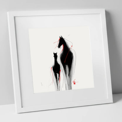 Crimson Threads mare & foal art print in white frame