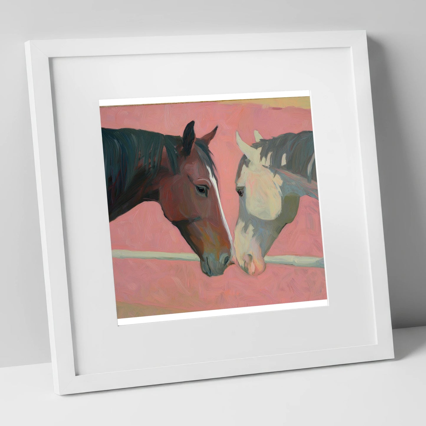 Quiet Companions horse portrait art print in white frame