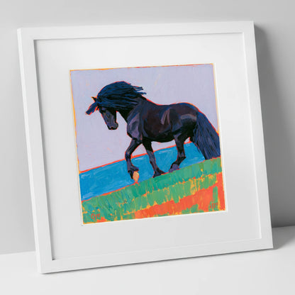 Black Friesian in Bold Landscape horse breed art print in white frame