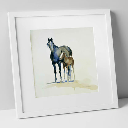 Watchful Bond mare & foal art print in white frame