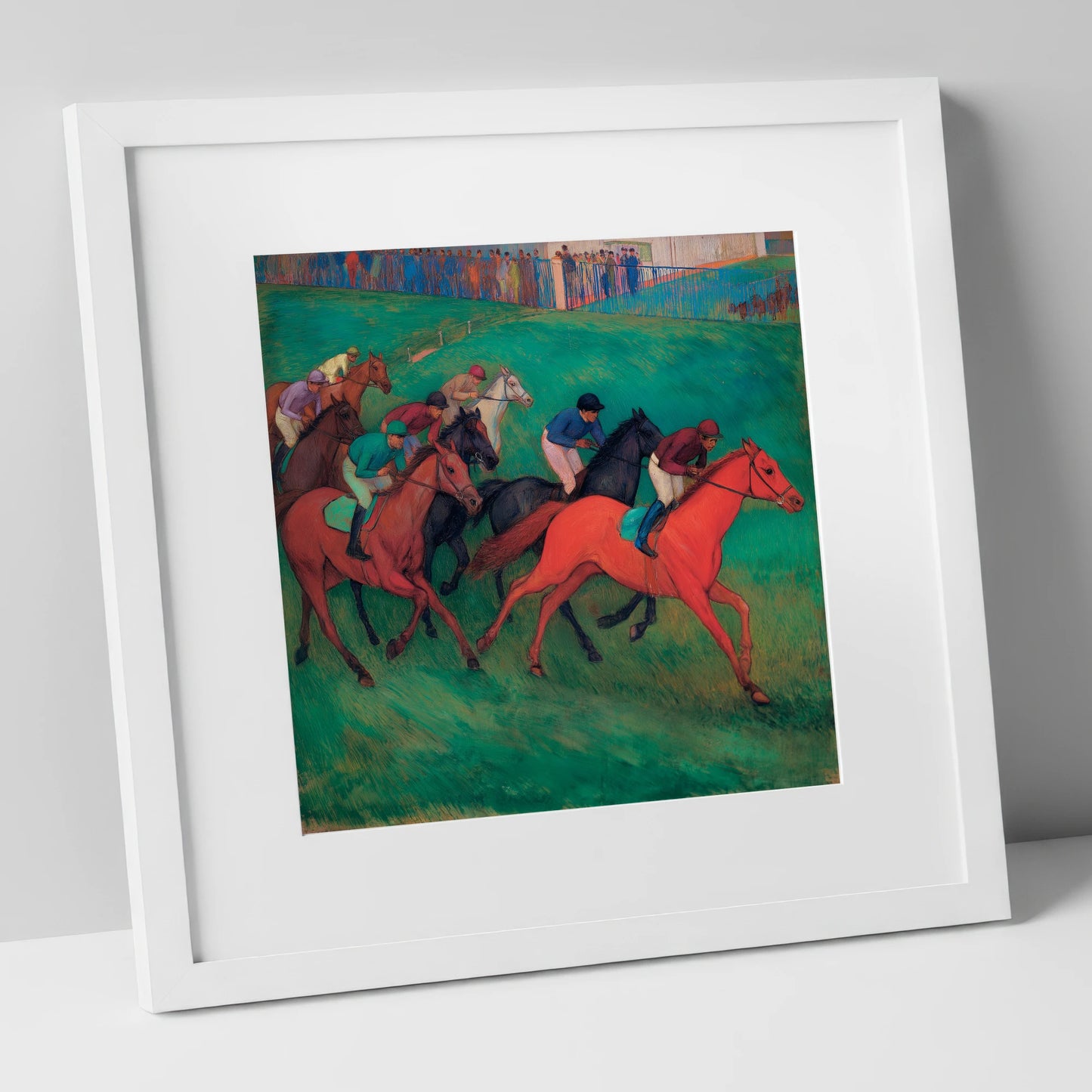 The Crimson Gallop racing horse art print in white frame