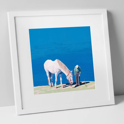 Shared Silence horse & rider art print in white frame