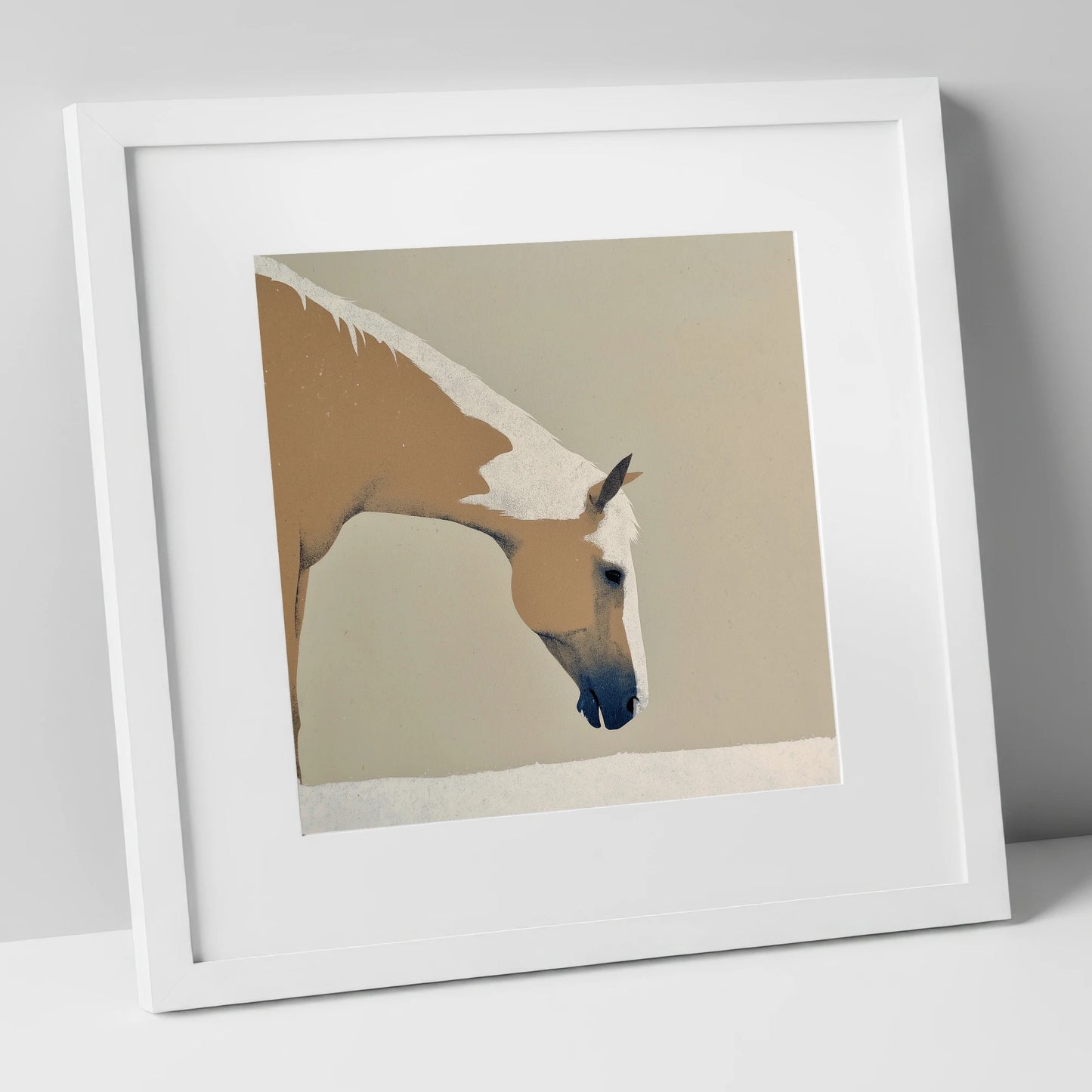 Serenity in Tan and Cream horse portrait art print in white frame