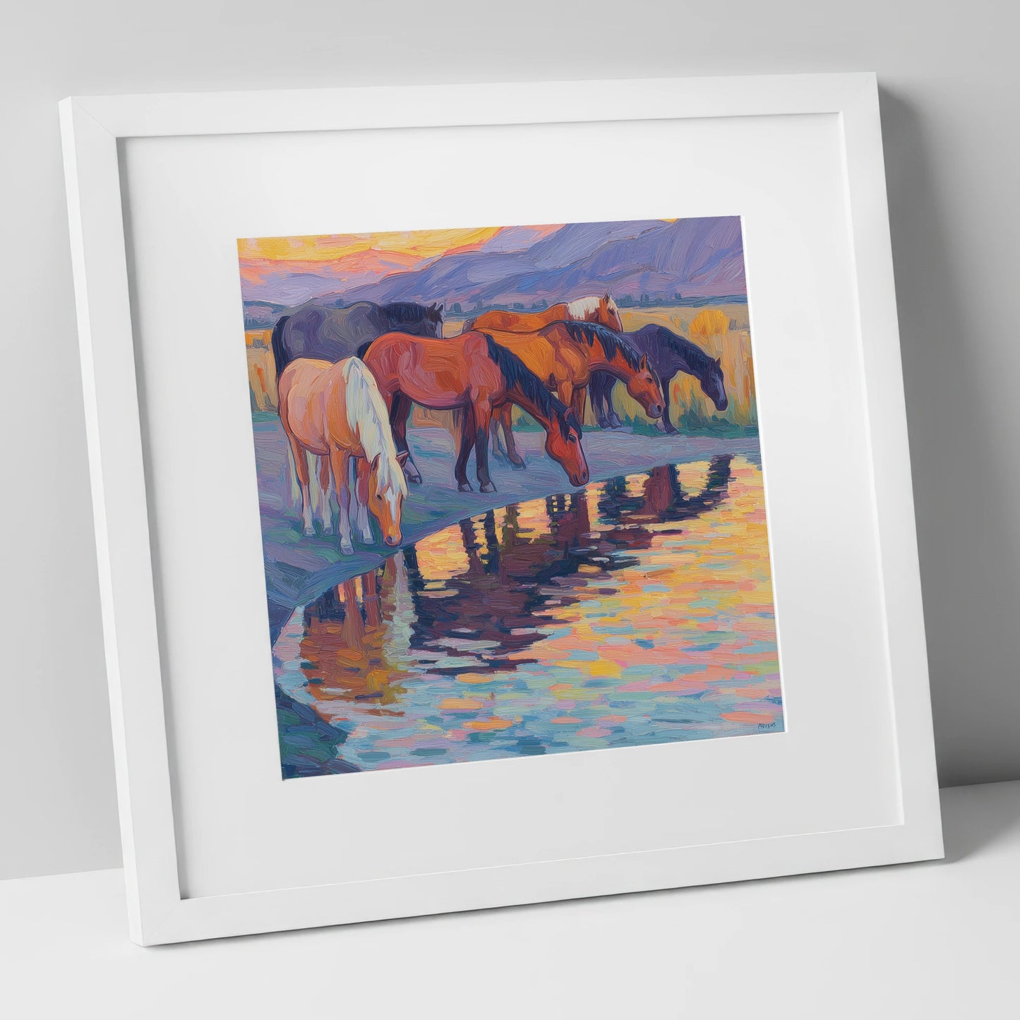 Reflections at Dusk wild horses art print in white frame
